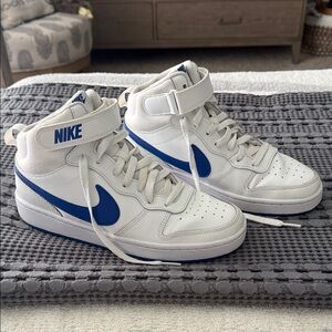 Nike White High-Top Sneakers with Blue Swoosh and Strap size 7Y